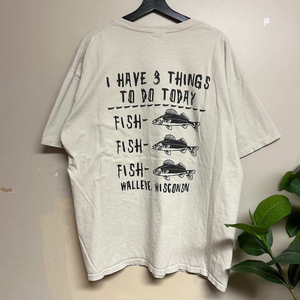 Vintage Anvil 3 Things To Do Today Fish Walleye Wisconsin T-Shirt Mens XXL Tan